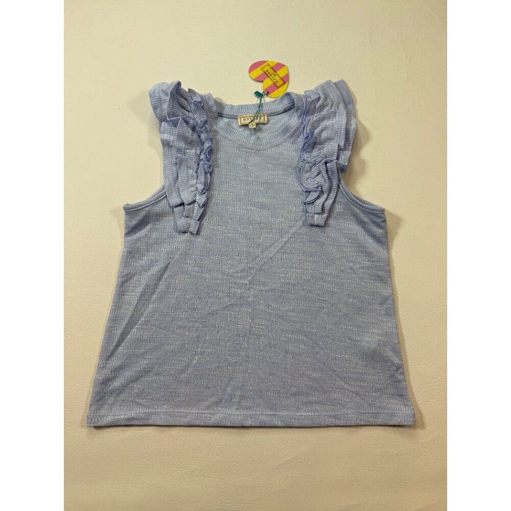 NWT Hayden Girls Blue Ruffle Sleeve Knit Top Medium Lightweight (bin HH209)